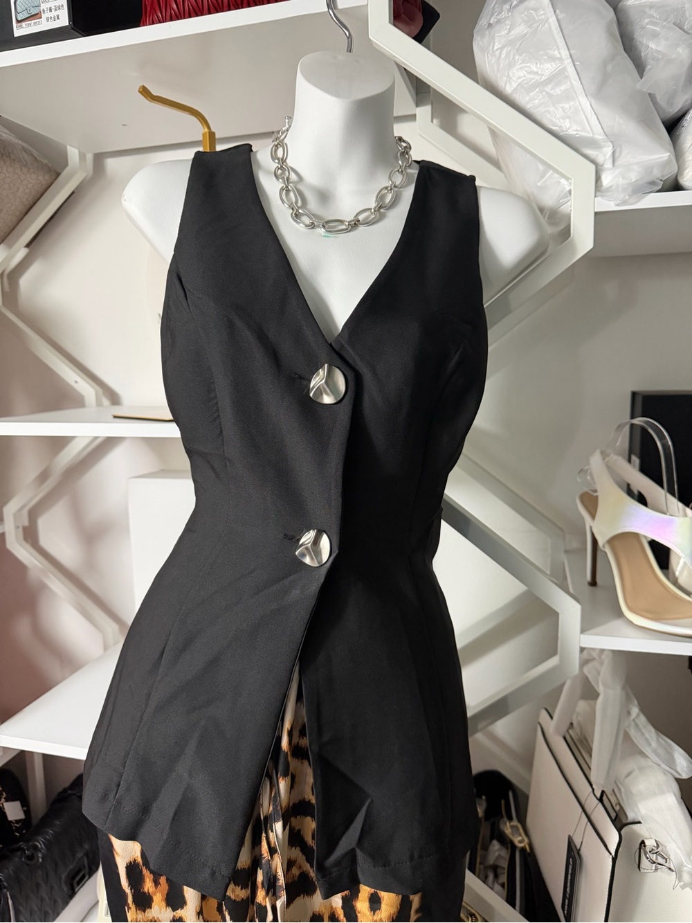 Black Sleeveless V-Neck Button Front Dress Top